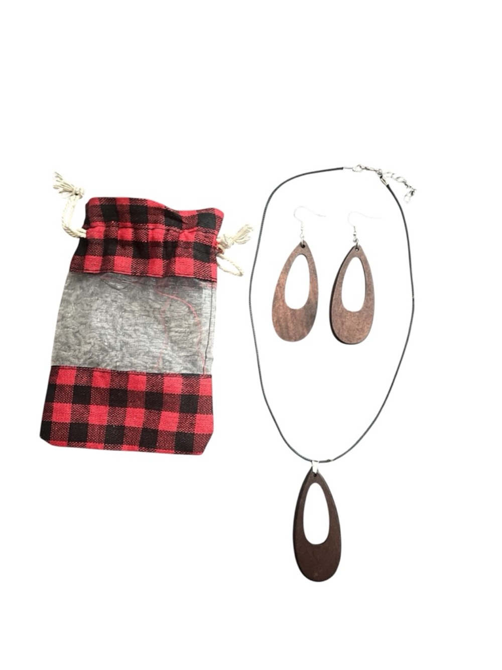 Handmade Wood Teardrop Necklace & Earring Set - Brown
